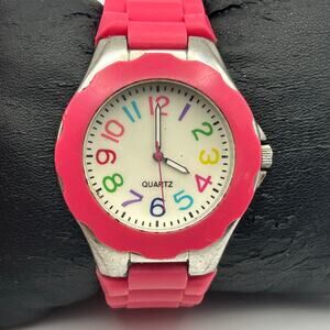 Geneva Vibrant Pink Bezel and Matching Silicon Strap Women’s Watch New Battery